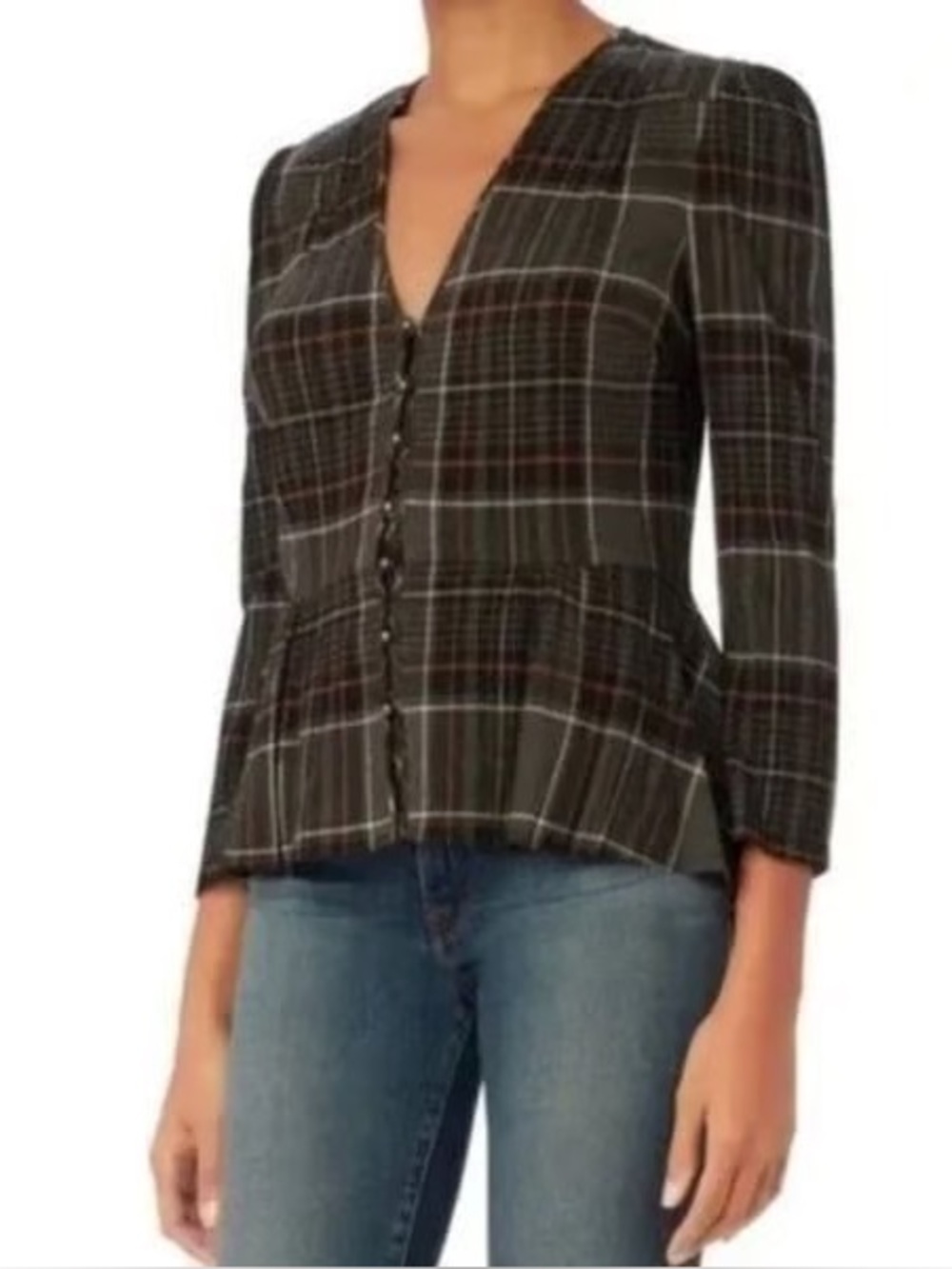 Veronica Beard Pisano Plaid Wool Blend Tuxedo Inspired Peplum Blouse Size 2